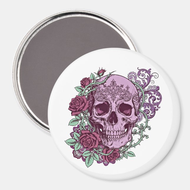 Íman Caveira de Lavanda com Design Gótico de Rosas (Front/Back)