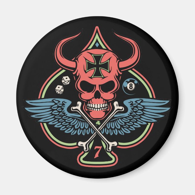 Íman Caveira do Diabo Maltês, Lucky Winged, de Espadas (Frente)