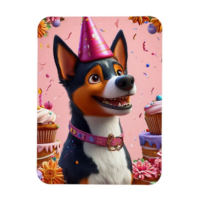 Íman Celebração de Aniversário Com Cachorro Feliz (Vertical)