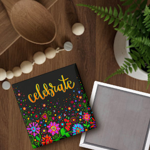Íman Celebrar Flores Coloridas Trendy Preto Inspirador