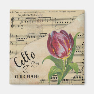 Íman Cello Tulip Vintage Sheet Music Personalizada