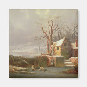 Íman Cena da neve com moinho e casas de campo