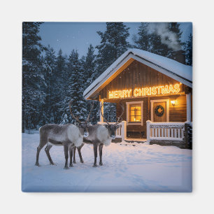 Íman Cena de inverno com uma placa de feliz natal brilh