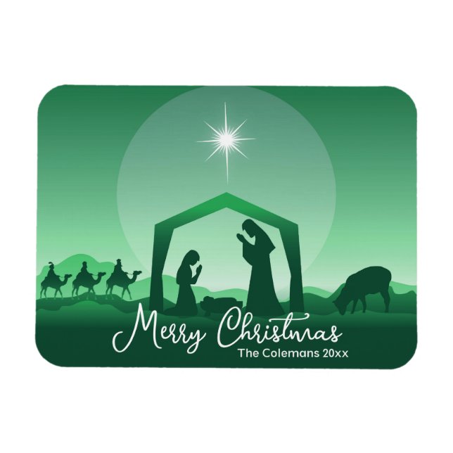 Íman Cena de Natal Alegre Verde Religiosa (Horizontal)