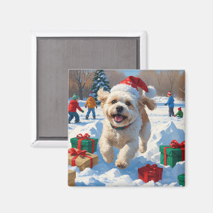 Íman Cena de Natal com Bichon Frise na Neve Festiva