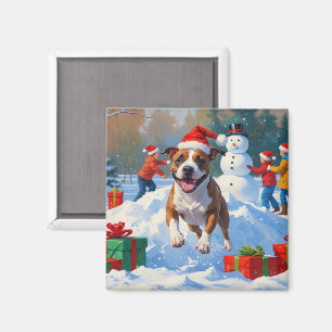 Íman Cena de Natal com Bull Terrier na Neve