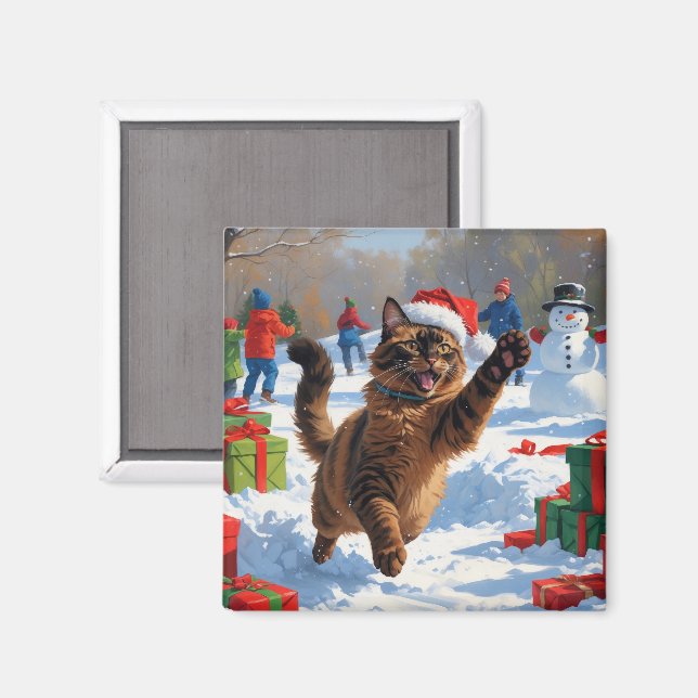 Íman Cena de Natal com Gato Abissínio na Neve (Front/Back)