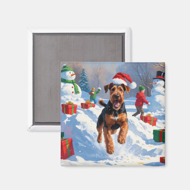 Íman Cena de Neve Festiva de Natal Airedale (Front/Back)