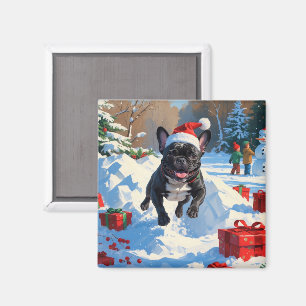 Íman Cena de neve festiva de Natal com Bulldog Francês