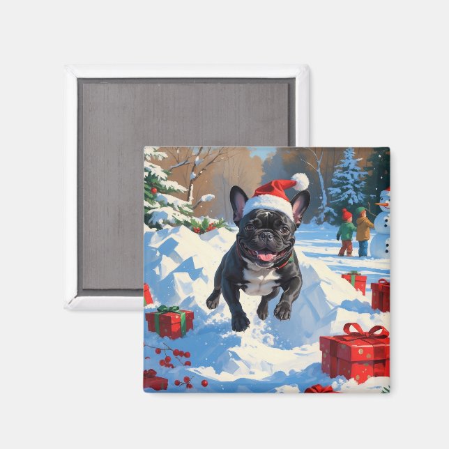 Íman Cena de neve festiva de Natal com Bulldog Francês  (Front/Back)