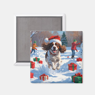Íman Cena de neve festiva de Natal do Brittany Spaniel