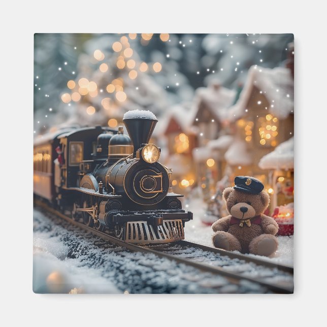 Íman Cena de Trem de Natal Mágico com Urso de Teddy (Frente)