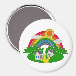 Íman Cena rural de desenho animado com arco-íris e casa