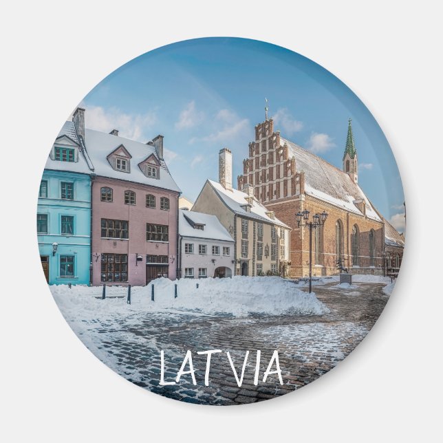 Íman Centro de cidade de inverno de neve em Riga, Letón (Frente)