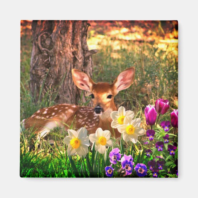 Íman Cervo com Flores de Primavera Narcisos / Tulipas (Frente)