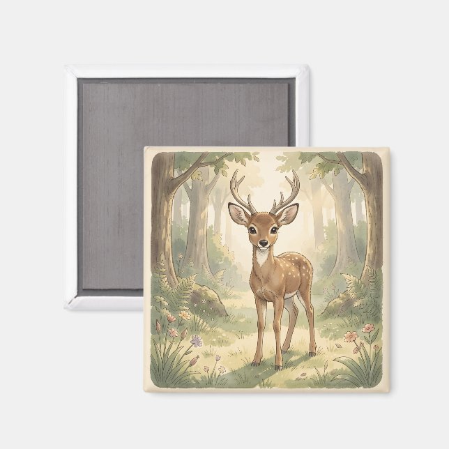 Íman Cervo fofo vintage na floresta (Front/Back)