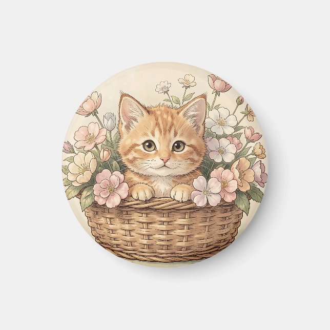 Íman Cesto de Flores com Doce Gatinho Ruivo (Frente)
