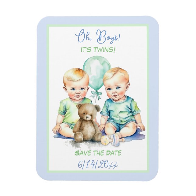 Íman Chá de Bebê de Gêmeos Meninos Save the Date (Vertical)