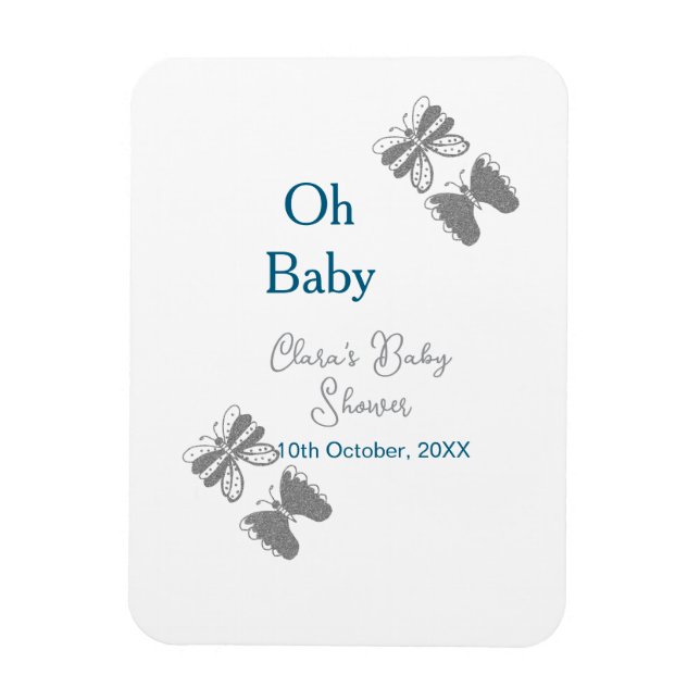 Íman chá de fraldas azul-borboleta-cinza oh bebê texto  (Vertical)