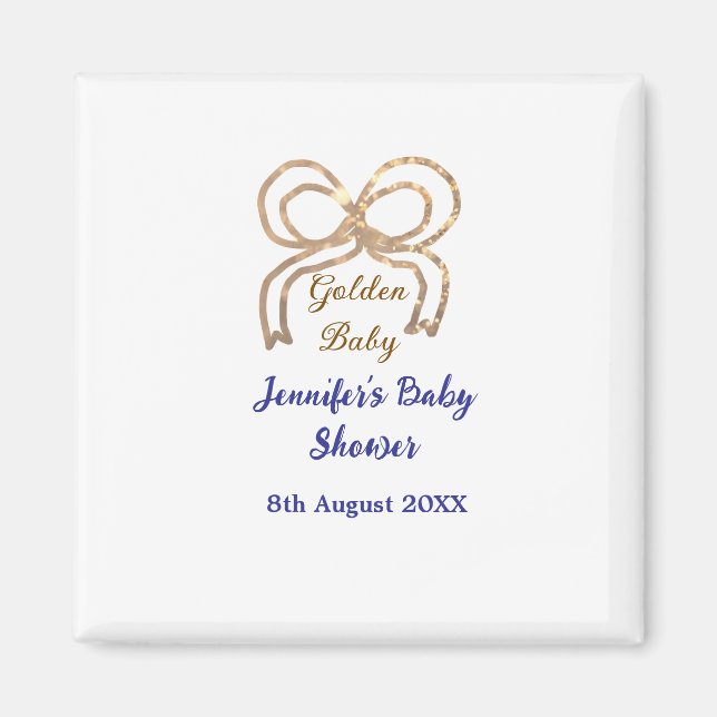 Íman chá de fraldas azul real arco  brilhante ouro (Frente)