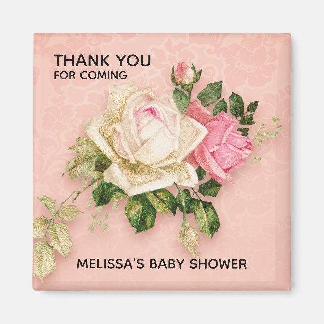 Íman Chá de fraldas rosa e Buquê rosa branco (Frente)