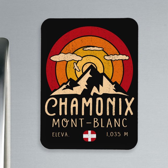 Íman Chamonix França Retro Sunset Skiing Souvenirs 80s (Criador carregado)