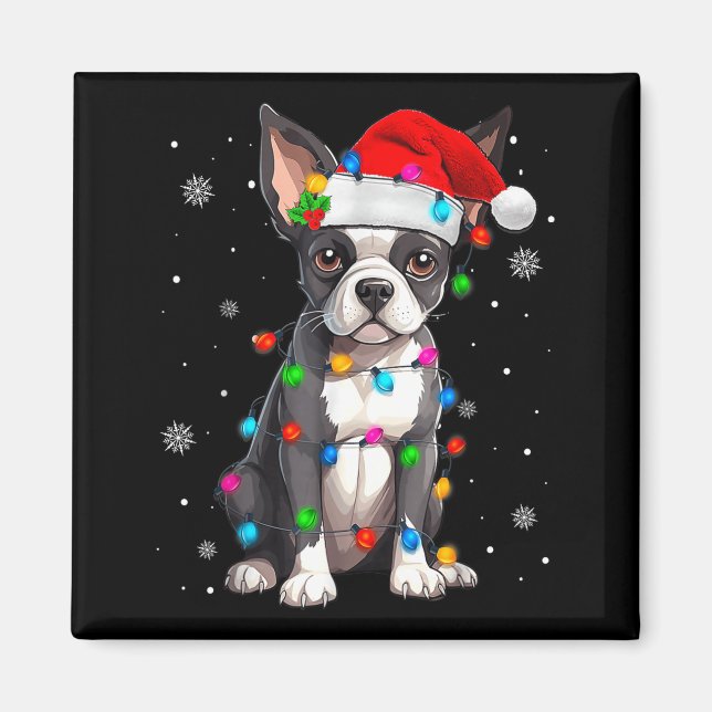 Íman Chapéu de Natal de Papai Noel do Boston Terrier  (Frente)