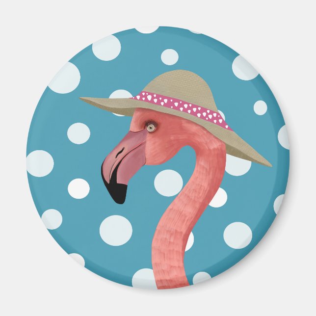 Íman Chapéu de Verão Feliz Verão Flamingo Azul Bolinhas (Frente)