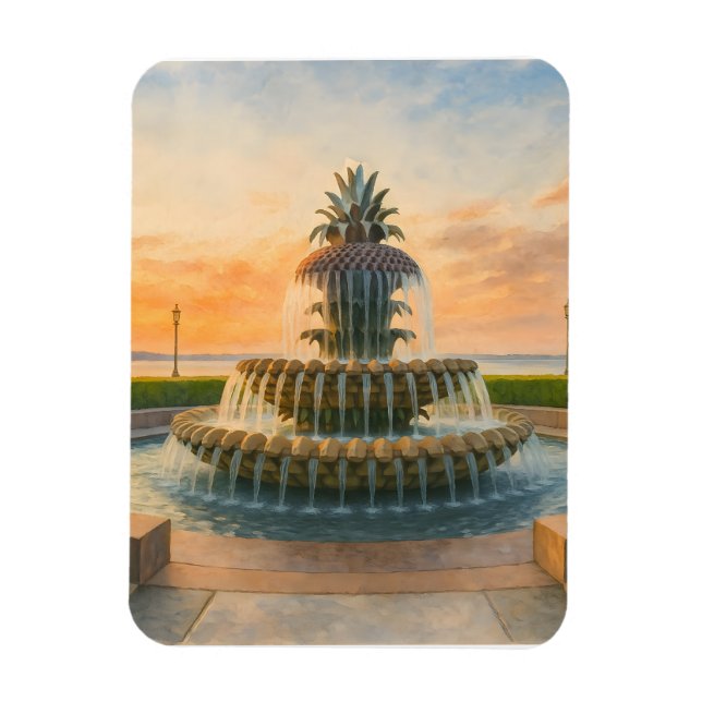 Íman Charleston Pineapple Fountain Watercolor Sunset (Vertical)
