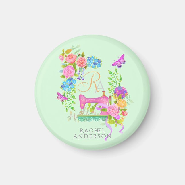 Íman Chaveiro Verde de Monograma Floral de Friso de Cos (Frente)