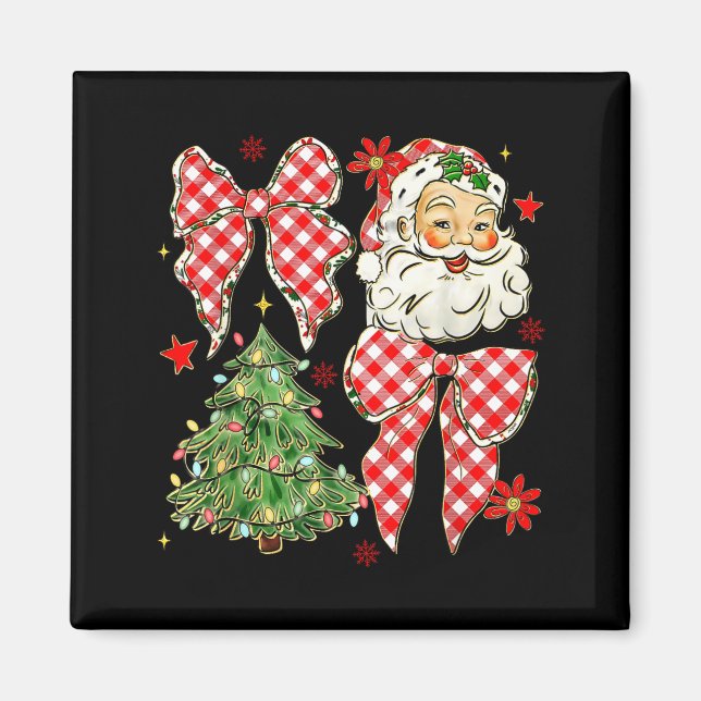 Íman Checkered Coquette Bow Santa Claus Christmas Holid (Frente)