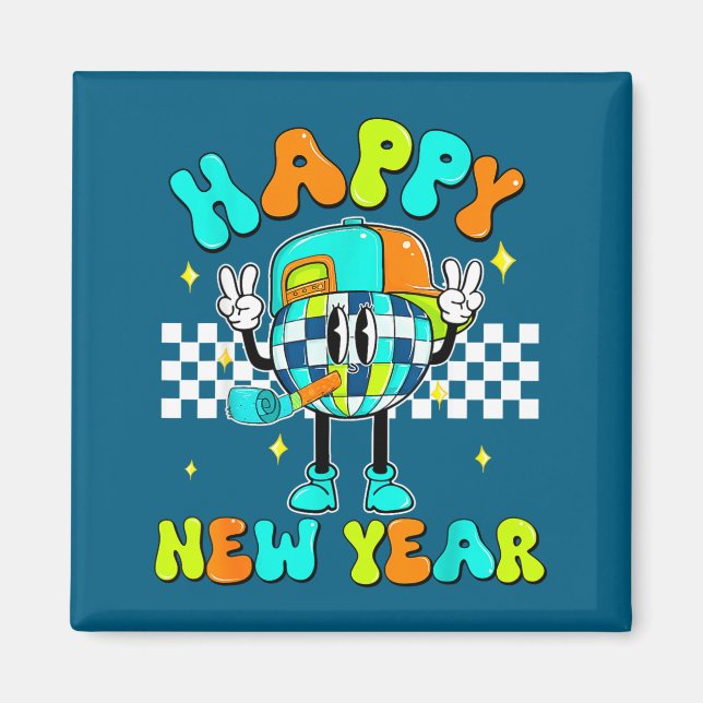 Íman Checkered Happy New Year 2026 Disco Ball New Year  (Frente)