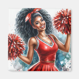 Íman Cheerleader Africano-Americano Na Red Watercolor