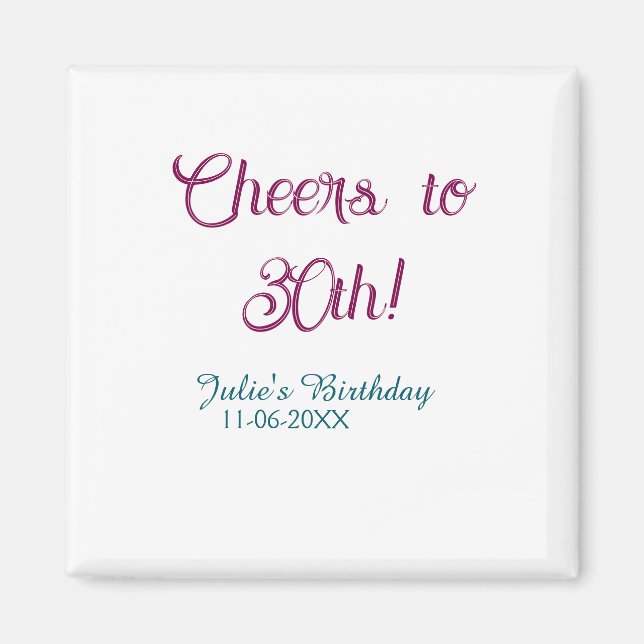 Íman Cheers to 30th birthday name date mauve blue elega (Frente)