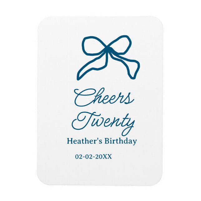Íman Cheers twenty blue birthday bow name date boho ret (Vertical)