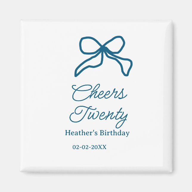 Íman Cheers twenty blue birthday bow name date boho ret (Frente)