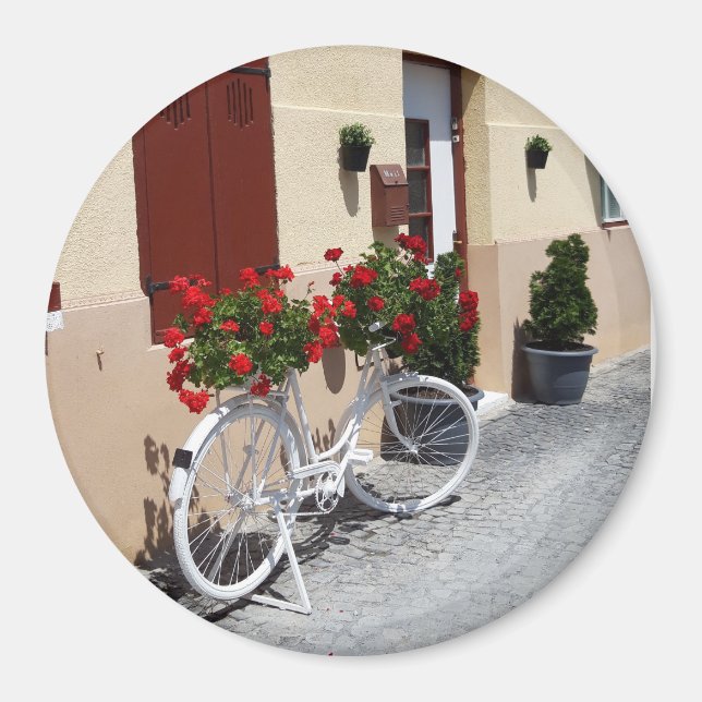Íman Cheio Bicicleta De Flores De Gerânio Vermelho (Frente)