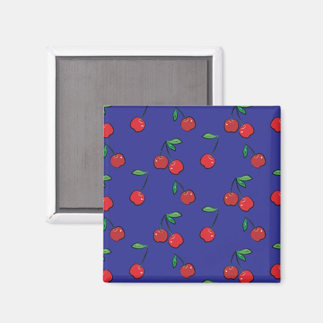 Íman Cherry Berries Red Pattern Modern Retro Blue Diver (Front/Back)