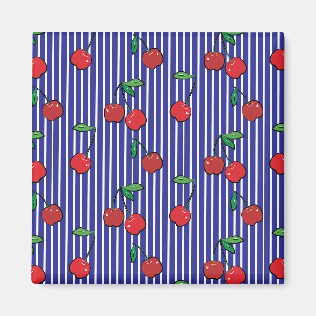 Íman Cherry Berries Red Pattern Modern Retro Blue Diver (Frente)