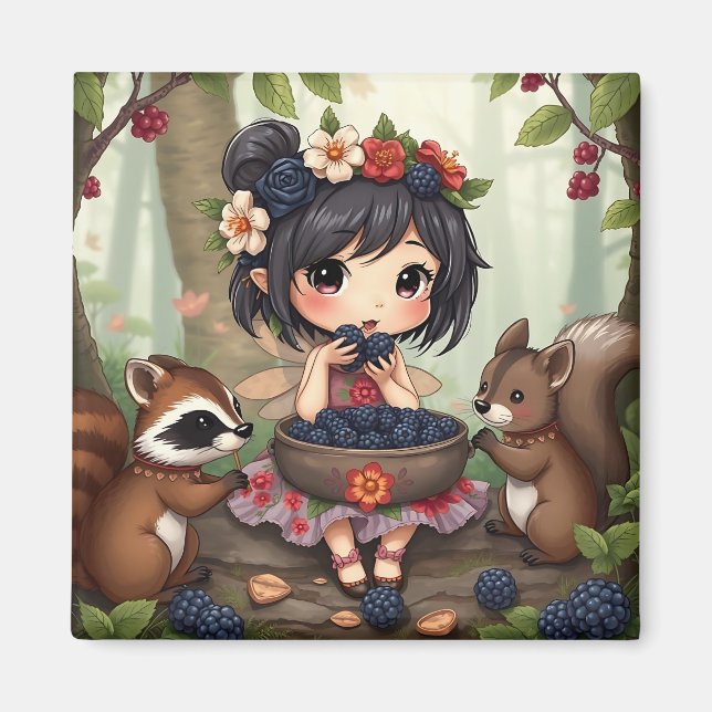 Íman Chibi Fairy Eating Blackberries with Forest Friend (Frente)