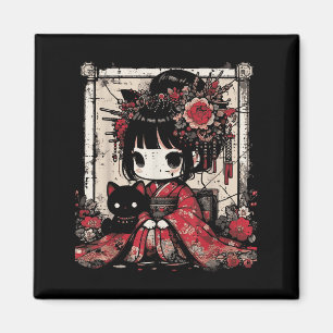 Íman Chibi Kimono Girl Black Cat Flowers Japonês Art W