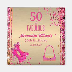 Íman Chic 50 e fabuloso salto alto Dourado, brilho rosa