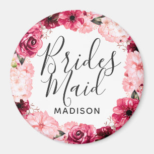 Íman Chic Burgundy e Pink Floral Wreath Bridesmaid
