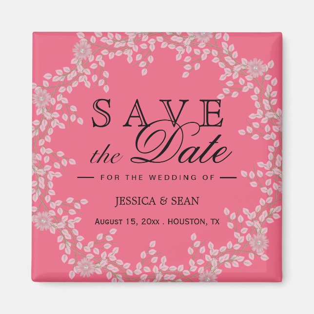 Íman Chic Convite de Casamento Floral Rosa & Pérolas (Frente)