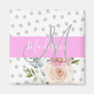 Íman Chic & Feminino Floral Branco Rosa Cinza Monograma