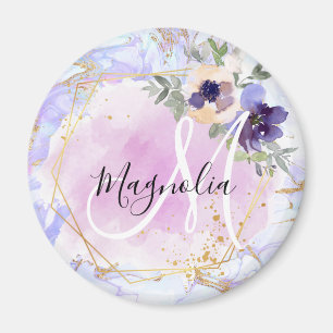 Íman Chic Floral Azul Rosa Dourado Arco-íris Mármore Mo