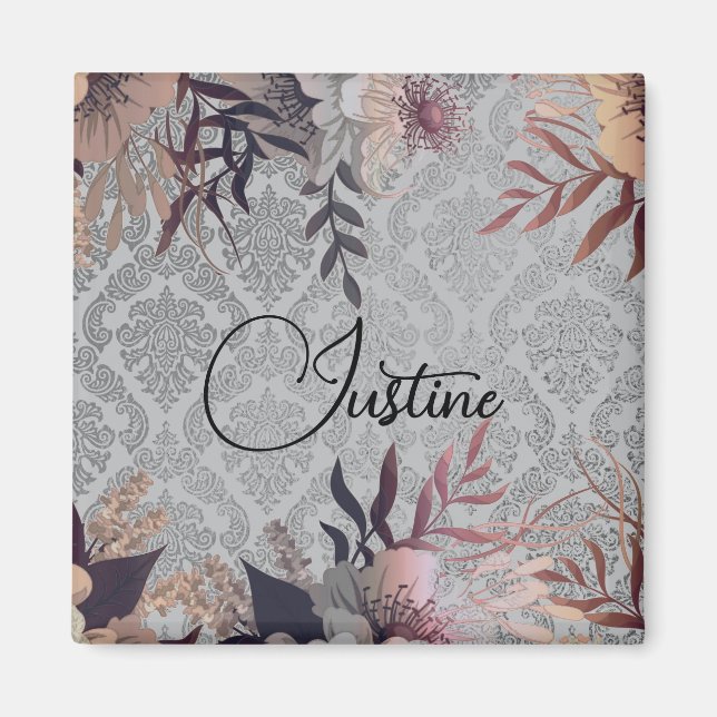 Íman Chic Floral Silver Damask Personalizado (Frente)