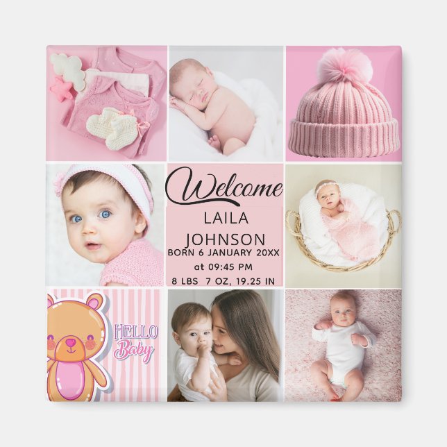 Íman Chic Pink Custom name and baby girl photo collage (Frente)