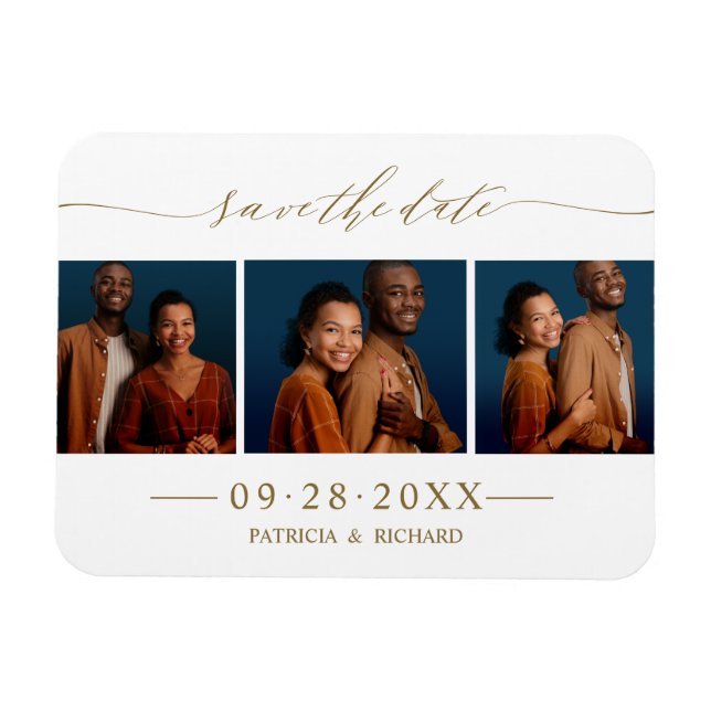 Íman Chic Script Casamento Salvar Data 3 Colagem de Fot (Horizontal)