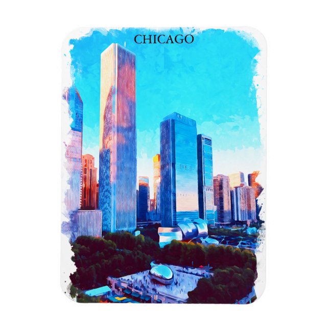 Íman Chicago Illinois Watercolor Paint Illustration (Vertical)